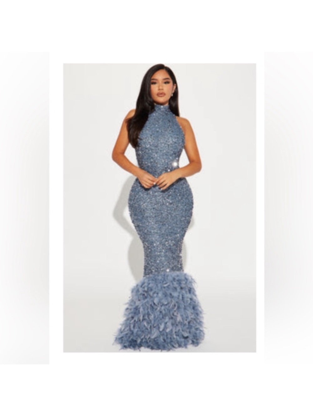 Fashion Nova Dusty Blue High-Neck Sequin Mermaid Gown with Feathered Hem